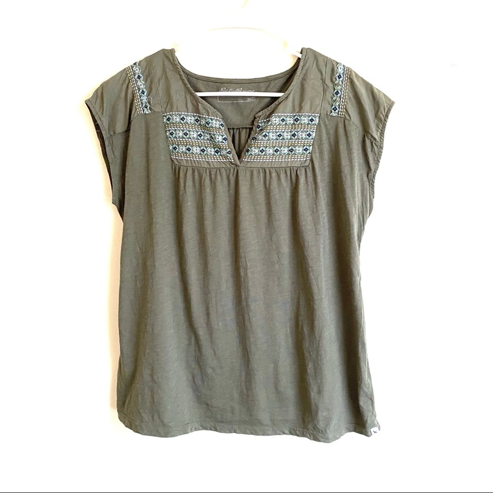 Eddie Bauer Green Embroidered Slit V Neck Top